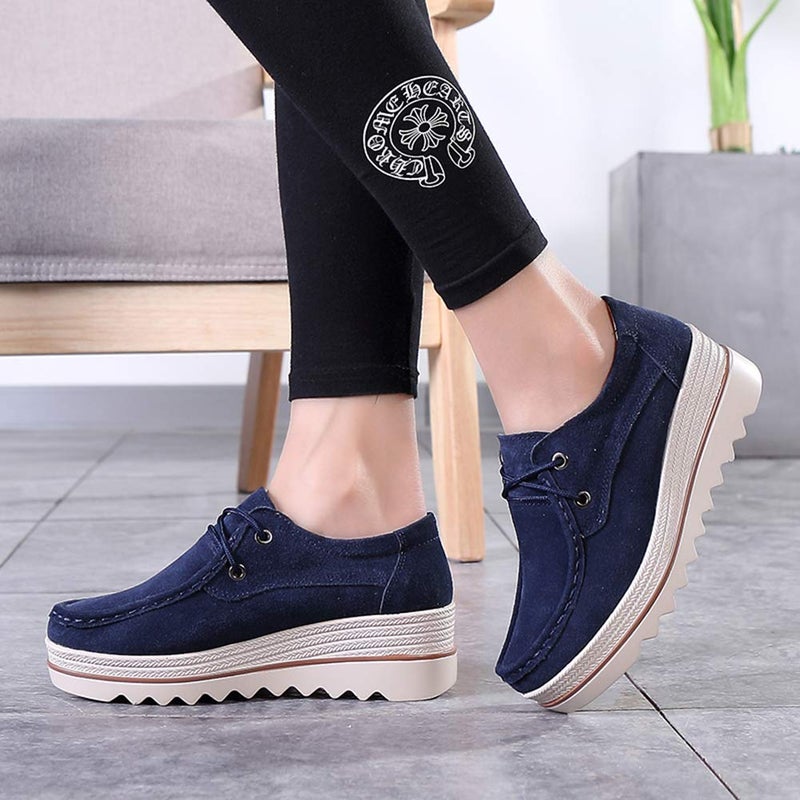 Ruiatoo Women Platform Lace Up Loafers Comfort Genuine Suede Wedge Shoes Low Top Moccasins (3089,Deep Blue 36) - Image 2